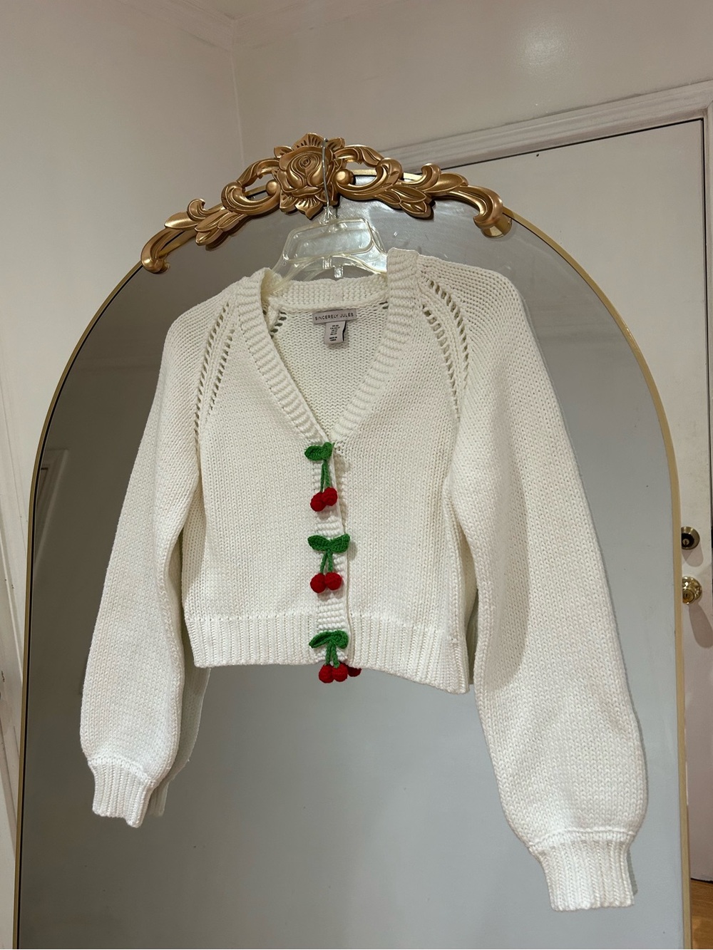 Sincerely Jules Ivory Crochet Knit Cardigan with Adorable Cherry Buttons, Sz XS
